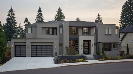 facade. Modern residential architecture with clean lines, bathed in neutral tones under daylight. real-estate listings.