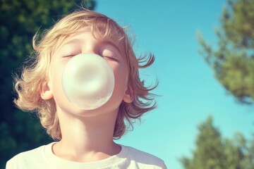 Child blowing a large bubble gum bubble outdoors on a sunny day in a park