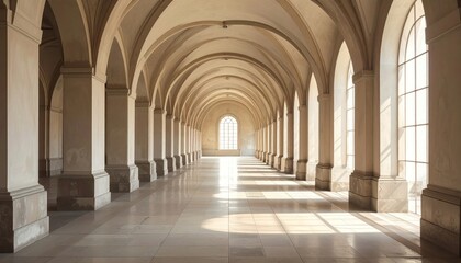 Empty, sunlit arched hallway of a grand historical building.
