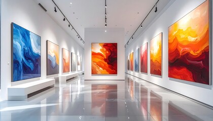 Art gallery interior featuring colorful abstract paintings displayed on white walls, with benches and a glossy floor.