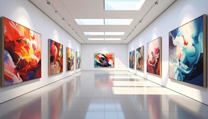 Modern art gallery interior, showcasing vibrant abstract paintings on white walls.