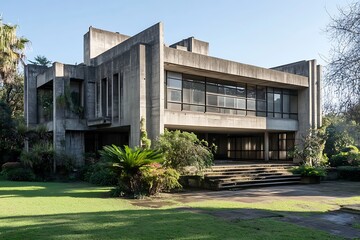 Exterior of a Brutalist building with large, raw concrete facades and open spaces around it 