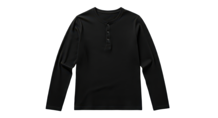 Black long-sleeve henley shirt apparel mockup isolated PNG with Transparent Background
