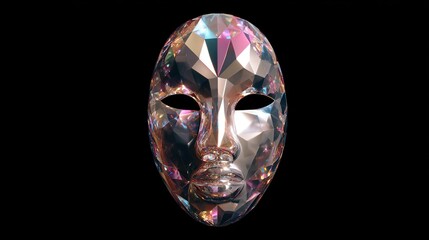 A faceted, iridescent mask, possibly glass or crystal, exhibits a human-like visage against a stark black backdrop. Its polygonal structure reflects light, creating a spectrum of warm and cool hues