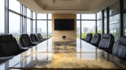 An expansive conference room features a long, polished marble table and black leather chairs, positioned before a large wall-mounted display and floor-to-ceiling windows overlooking a cityscape.