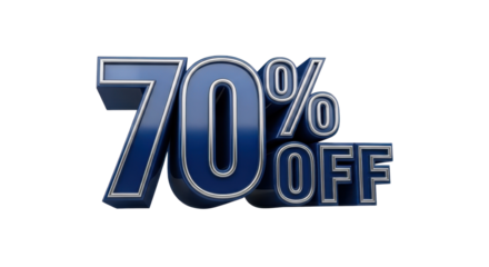 Highly Polished Dark Blue "70% OFF" 3D Text Discount Graphic isolated on White