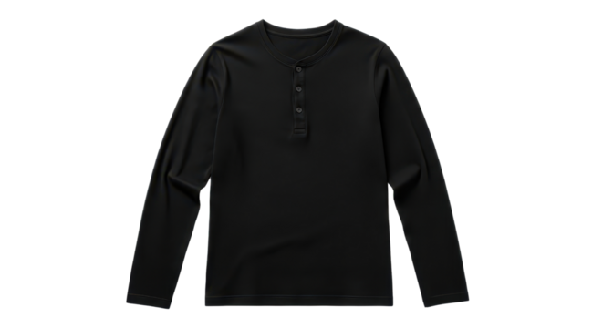 Black long-sleeve henley shirt apparel mockup isolated PNG with Transparent Background