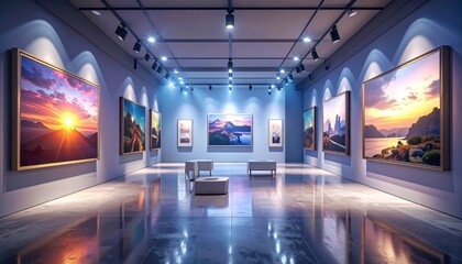 Art gallery interior with landscape paintings illuminated by spotlights, featuring seating and reflective flooring.