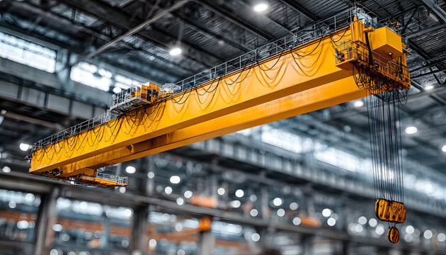 Yellow overhead crane assembly suspended from factory ceiling. Industrial machinery designed for heavy lifting operations in workshops, manufacturing. Enhances efficiency, safety in production,