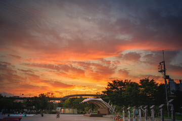 A dramatic sunset sky with textured clouds in a variety of hues. Warm, vivid oranges and reds blend together to create a complex natural canvas.