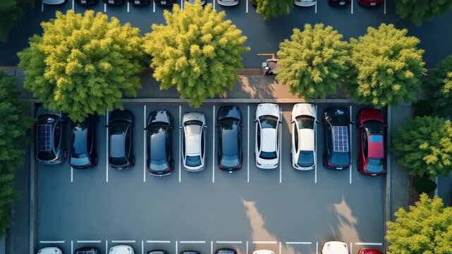 Aerial of parking lot with solar panel energy for charging electric cars