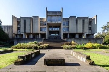 Exterior of a Brutalist building with large, raw concrete facades and open spaces around it 