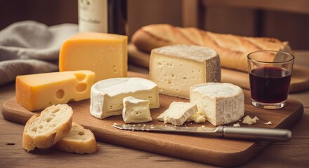 Variety of cheeses on a wooden board with red wine and fresh baguette. Gourmet appetizer and food tasting concept.