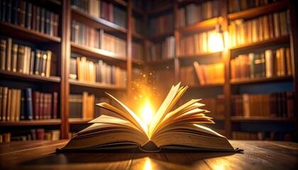 An open book glows with light on a table in a library filled with bookshelves.