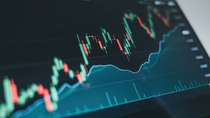Market Dynamics: A dynamic close-up reveals the complex fluctuations of a stock market chart, with vivid red and green candlesticks depicting the volatile ebb and flow of financial trends.