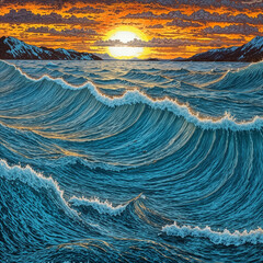 digital painting of ocean waves at sunset with dramatic clouds and glowing sun over distant mountains, vibrant seascape artwork with textured details, symbolizing power, beauty, and nature.