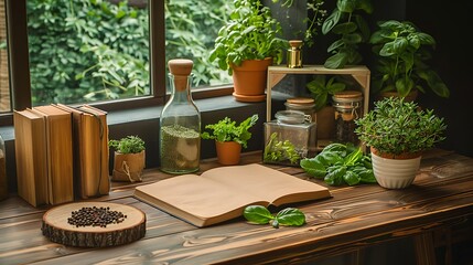 Open book next to herbs spices and plants on a wooden table by the window