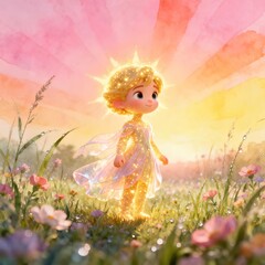 A tiny glowing ray of light, like a little child made of sunlight, standing in the meadow at dawn, soft golden glow, magical atmosphere, water...