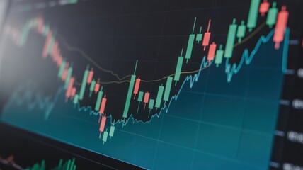 Financial Chart Analysis: A dynamic visual representation of financial data. showcasing the peaks and troughs of market trends, symbolized with green and red candles.