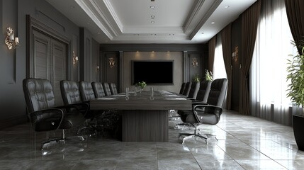 An expansive, elegantly appointed conference room features a long, polished table surrounded by black leather chairs, evoking a sense of power and sophisticated business dealings.