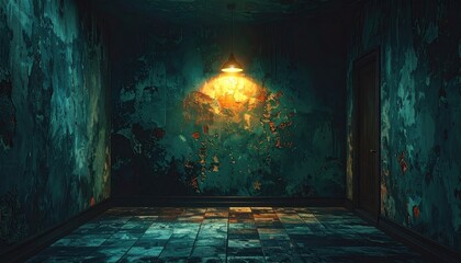 A dimly lit, decaying room with peeling walls and a single overhead light source.