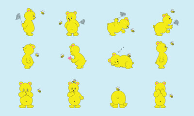 Cute bear and bee animal cartoon character vector set stock illustration