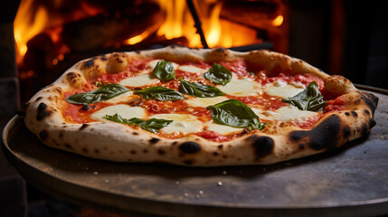 Gros plan sur une pizza margherita avec du fromage mozzarella, de la sauce tomate et des feuilles de basilic. Repas traditionnel italien cuit au feu de bois. Nourriture, d&eacute;licieux, Italie. 