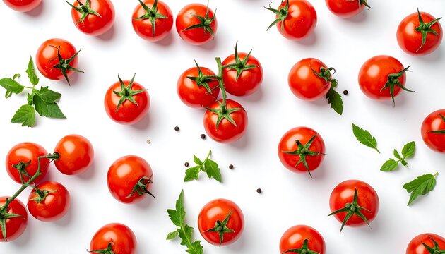Fresh cherry tomatoes arranged on a white background