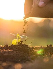 A young plant is nurtured with soil at sunset