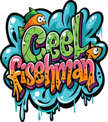 Trendy Fishing Graffiti T-Shirt – Spray Paint Typography, Fish Silhouettes, Urban Street Fishing Art Design