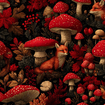 PATTERN CARTA DA PARATI VOLPE E FUNGHI ROSSI