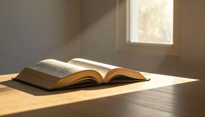 Open book on a wooden table, illuminated by sunlight streaming through a window.