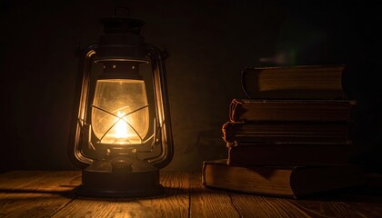 A vintage kerosene lamp illuminates a stack of old books on a wooden table in a dark room.