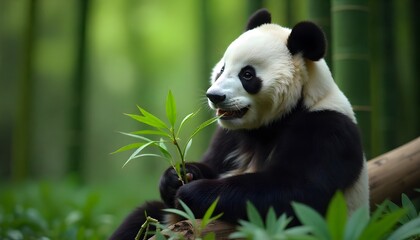 Obraz premium A giant panda sitting calmly in a bamboo forest, happily munching on a fresh bamboo shoot, a classic symbol of conservation.