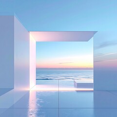 Minimalist architectural rendering of a white structure framing a serene ocean sunset, illuminated by soft, glowing light
