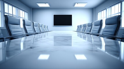 A long conference table with black leather chairs dominates a brightly lit, modern room, suggesting a space for important discussions and strategic planning, evoking a sense of formality.