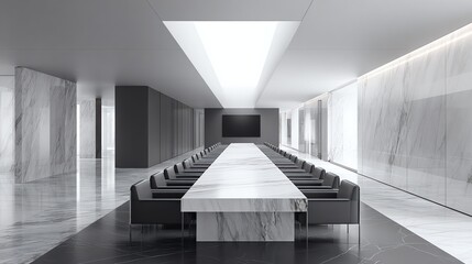 A long conference table dominates a minimalist, modern room with white marble walls and a black floor, evoking a sense of power and sterile formality, illuminated by overhead light.