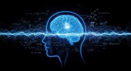 Dynamic illustration of advanced human intelligence and cognitive processes, featuring a glowing digital brain symbolizing the convergence of science, technology, and future thought