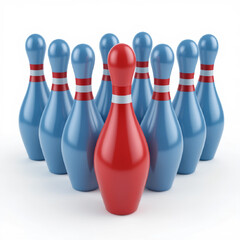 Bowling pins form a triangle; one bold red pin stands out, creating visual contrast and focus against a neutral backdrop. AI generated.