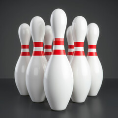 White bowling pins with red stripes stand in perfect triangular formation on a smooth surface, ready for the first strike. AI generated.
