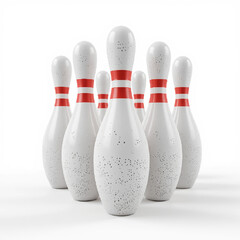 White bowling pins with red stripes stand in perfect triangular formation on a smooth surface, ready for the first strike. AI generated.
