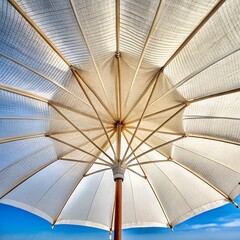 Looking up at a white beach umbrella against a bright blue sky on a sunny day