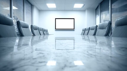 A symmetrical view showcases an empty conference room with a polished marble table reflecting a blank projection screen, evoking a sense of anticipation and modern corporate design.