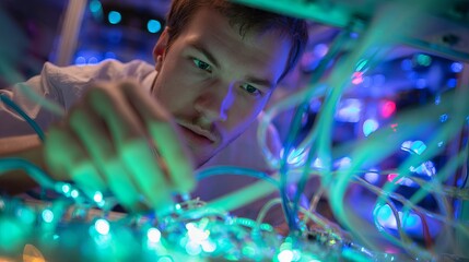A young Caucasian male technician focused on wiring colorful LED circuits in a dimly lit room filled with technology.
