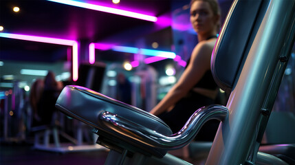 Abs in focus while gym’s neon lights reflect off exercise machines.