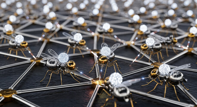 Intricate network of interconnected geometric lines and nodes, populated by numerous small, metallic, insectlike robots with glowing white spheres for heads.