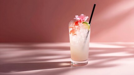 paloma cocktail in a transparent glass, the beverage is cold and fresh