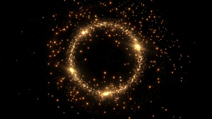 Glowing gold sparkle ring with glitter circle frame and shining particles, golden star, isolated on dark background, magic portal light effect, cinematic presentation, PNG illustration. © Russell Edwards