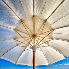 Looking up at a white beach umbrella against a bright blue sky on a sunny day