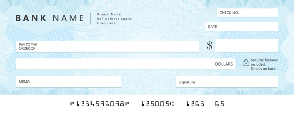 Empty money cheque. Bank check. check book template with pattern and blank fields. Currency payment coupon, US dollar check background.	